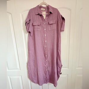 Puro Lino Linen Shirt Dress Made Italy Oversized Purple Button Front One Size